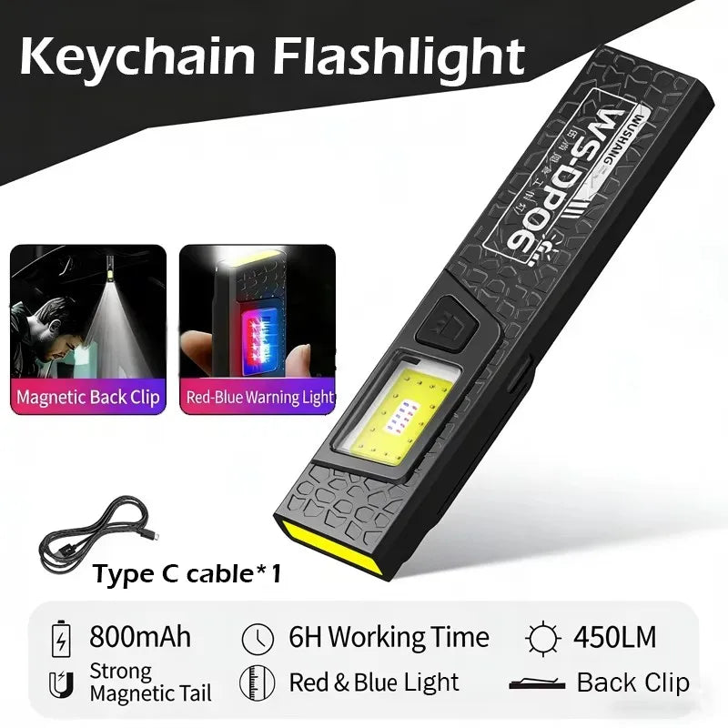 Mini COB LED Flashlight – USB-C Rechargeable EDC Work Light with Clip, Magnet, Waterproof Pocket Torch for Camping & Outdoor Use