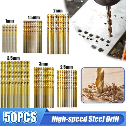 50pcs Titanium Coated Drill Bits Set - High Speed Steel Twist Bit Tool - High Quality Power Tools: 1mm, 1.5mm, 2mm, 2.5mm, 3mm