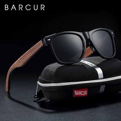 BARCUR Black Walnut Wood Polarized Sunglasses for Men – High-Quality Square UV400 Eyewear with Original Box