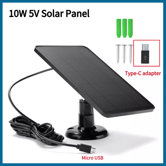 10W 5V Solar Panel with Micro USB + Type-C - Outdoor Solar Cells Charger for Security Camera/Small Home Light System - 2in1 Design