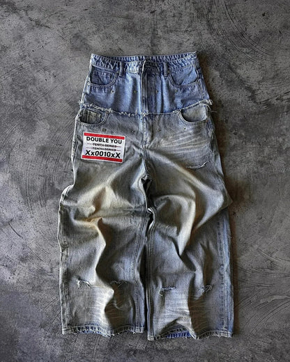 Y2K Street Hip Hop Jeans — Men’s Letter-Print Goth Harajuku Ripped Wide-Leg Double-Waist Pants