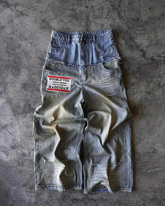 Y2K Street Hip Hop Jeans — Men’s Letter-Print Goth Harajuku Ripped Wide-Leg Double-Waist Pants