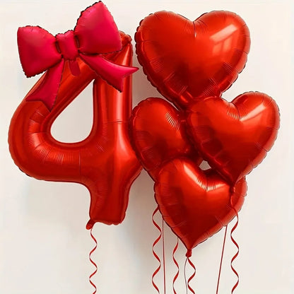 Red Heart Foil Balloons Set - 6PCS Birthday Wedding Anniversary Decoration with 32 Inch Numbers & Tassel Bows