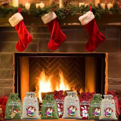 12PCS Christmas Drawstring Gift Bags – Linen Fabric Bags for Advent Calendar, Cookies & Candy Pouches