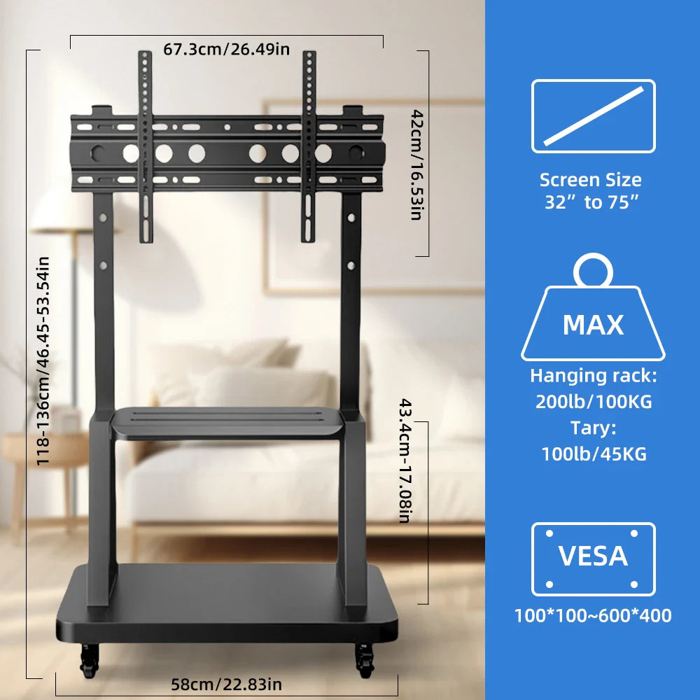 Mobile Rolling TV Stand Cart for 32–75 Inch TVs – Height Adjustable Floor Stand with Lockable Wheels, Max VESA 600x400mm