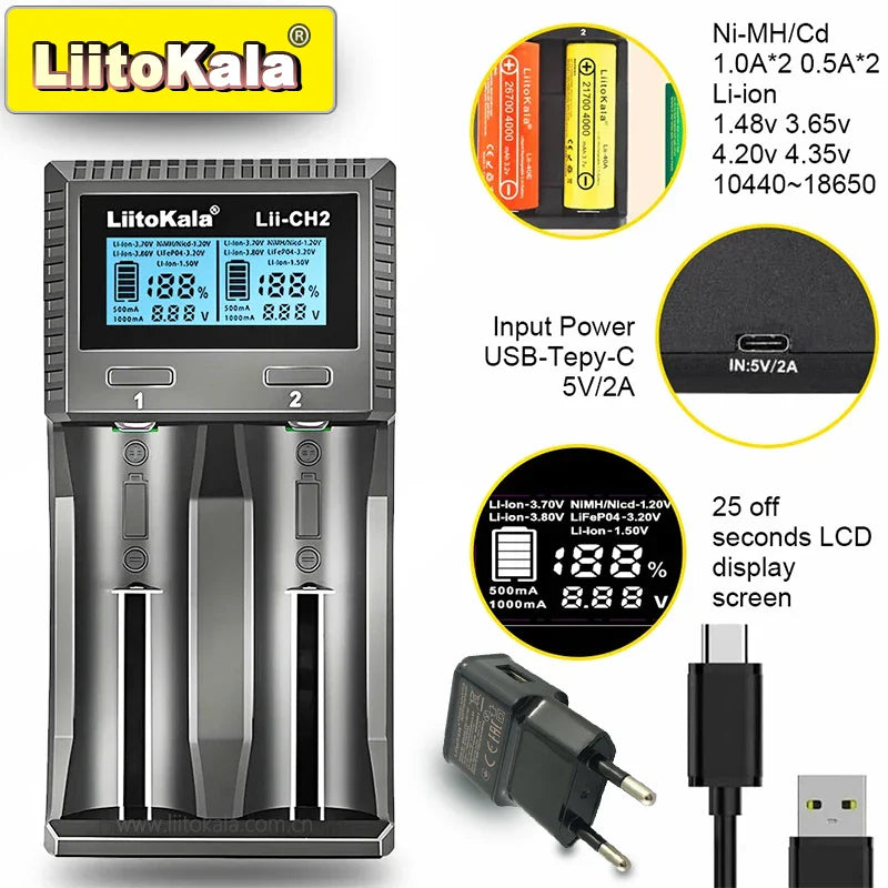 LiitoKala Lii-CH4 Smart Battery Charger – 4-Slot Fast USB-C Charging for 18650/21700/26650/AA/AAA Ni-MH & Li-Ion with Auto Detect