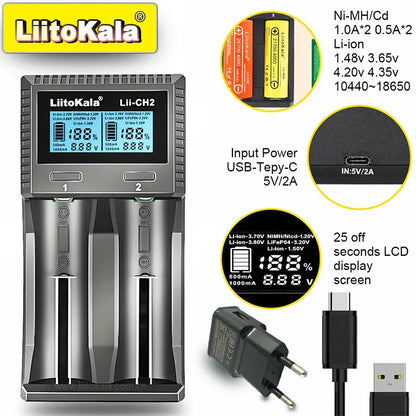 LiitoKala Lii-CH4 Smart Battery Charger – 4-Slot Fast USB-C Charging for 18650/21700/26650/AA/AAA Ni-MH & Li-Ion with Auto Detect
