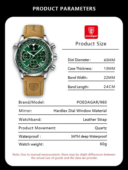 POEDAGAR Luxury Men's Quartz Watch Waterproof Luminous Date Chronograph Leather Military Sports Wristwatch