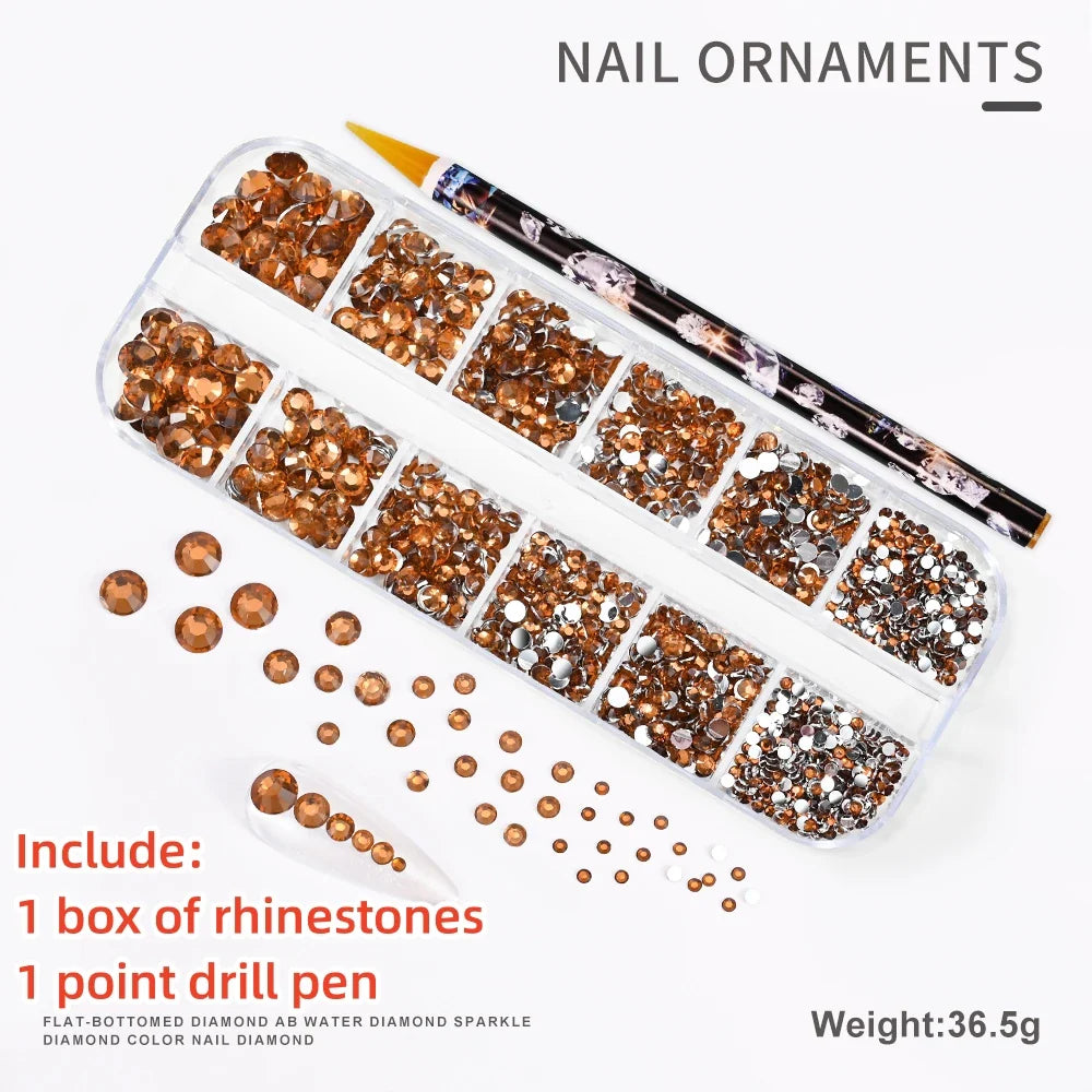 12-Grid 3D Glass AB Crystal Nail Art Rhinestones Kit – Flatback Round Beads with Tools for Nail Jewelry & Diamond Decoration