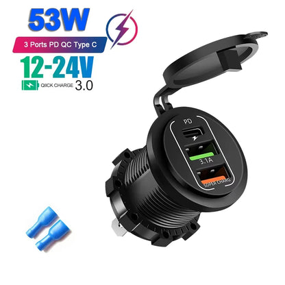 Car USB Fast Charger PD3.0 QC3.0 12/24V Socket with Voltmeter & On/Off Switch, Motorcycle Boat Auto Charging Adapter Accessory