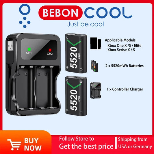 BEBONCOOL 2X 5520mWh Rechargeable Battery Pack – Compatible with Xbox Series S/X, Xbox One S/X & Elite Controller Charger
