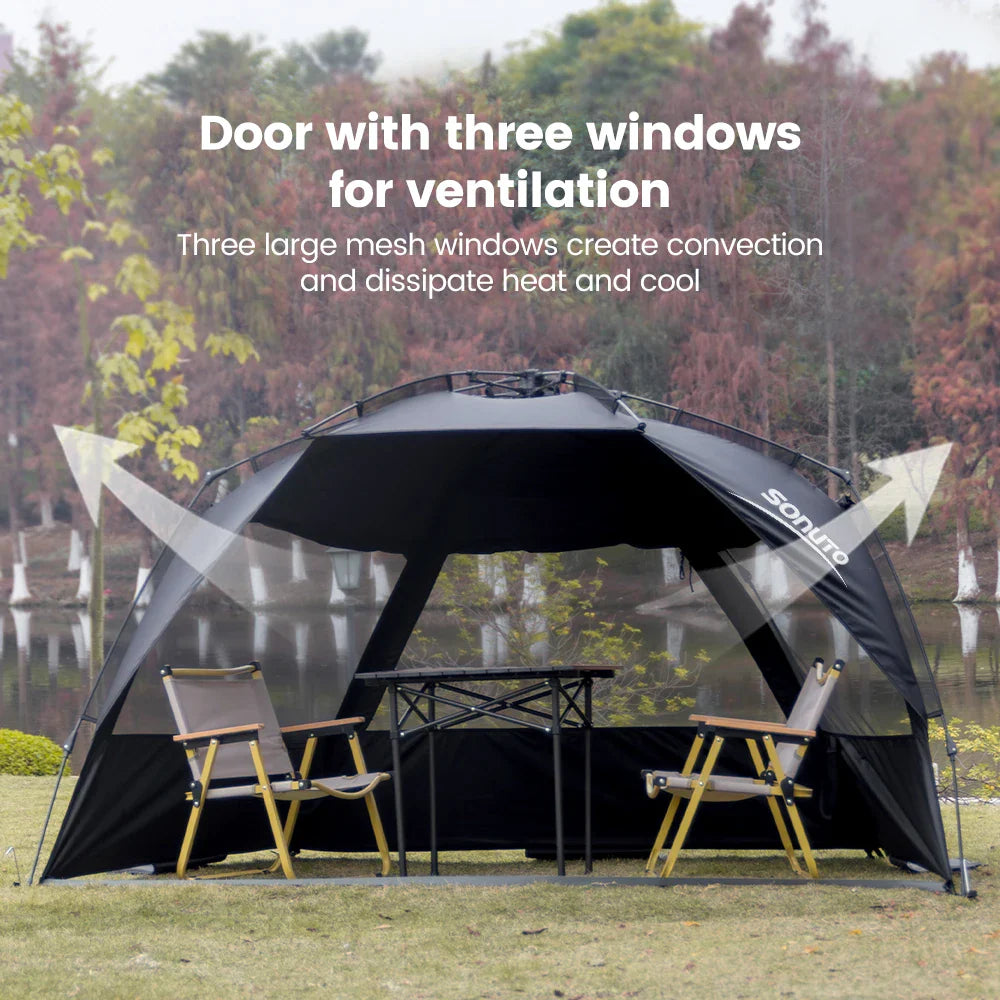 Sonuto Outdoor 3-4P One-Touch Camping Tent – Automatic Quick Open Beach, Fishing, Picnic & Family Travel Tent with Anti-UV Shade