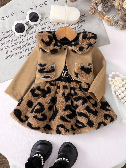 Baby Girl Leopard Print Plush Dress Set - Warm Lapel Short Coat Two-Piece Outfit for Autumn & Winter