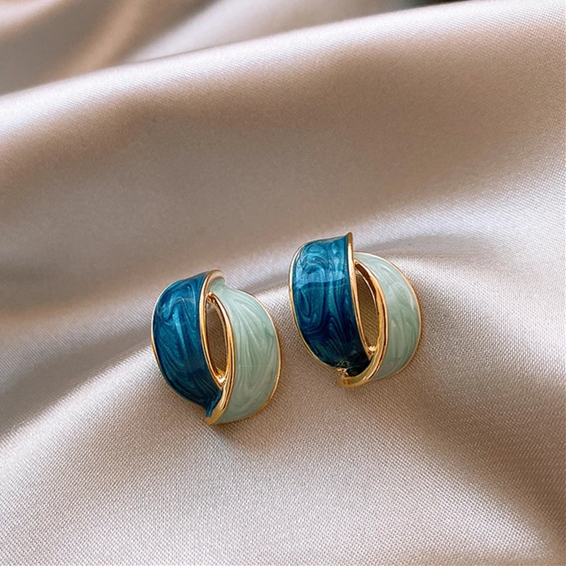 Korean Double Arc Enamel Stud Earrings – Blue Geometric Jewelry for Women