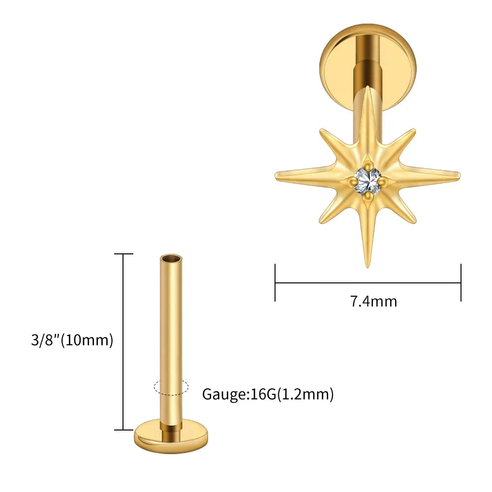 Right Grand ASTM F136 Titanium CZ North Star 16G Flat Back Earring – Tiny Starburst Helix, Cartilage & Earlobe Stud Piercing Jewelry