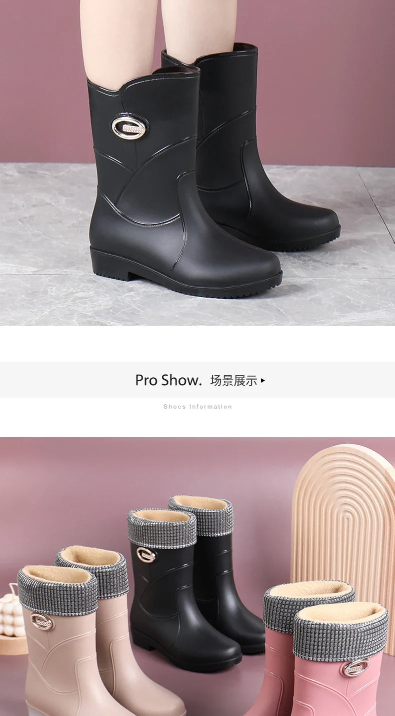 Women’s Fashion Mid-Tube Rain Boots – Wear-Resistant, Waterproof Rubber Shoes with Thick Sole, Non-Slip & Cotton Lining