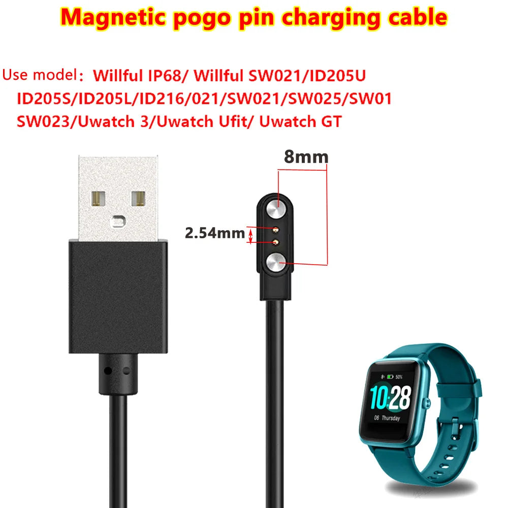 2-Pin Magnetic Pogo Pin USB Charging Cable – Smart Watch Charger for Kids Models Q750S, T88, A20, A20S, TD05 & V6G, USB 2.0 Magnetic Power Cord