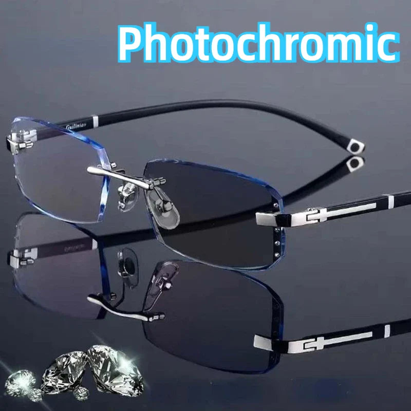Luxury Diamond-Cut Photochromic Reading Glasses – Rimless Men’s & Women’s Color-Changing Presbyopia Eyewear