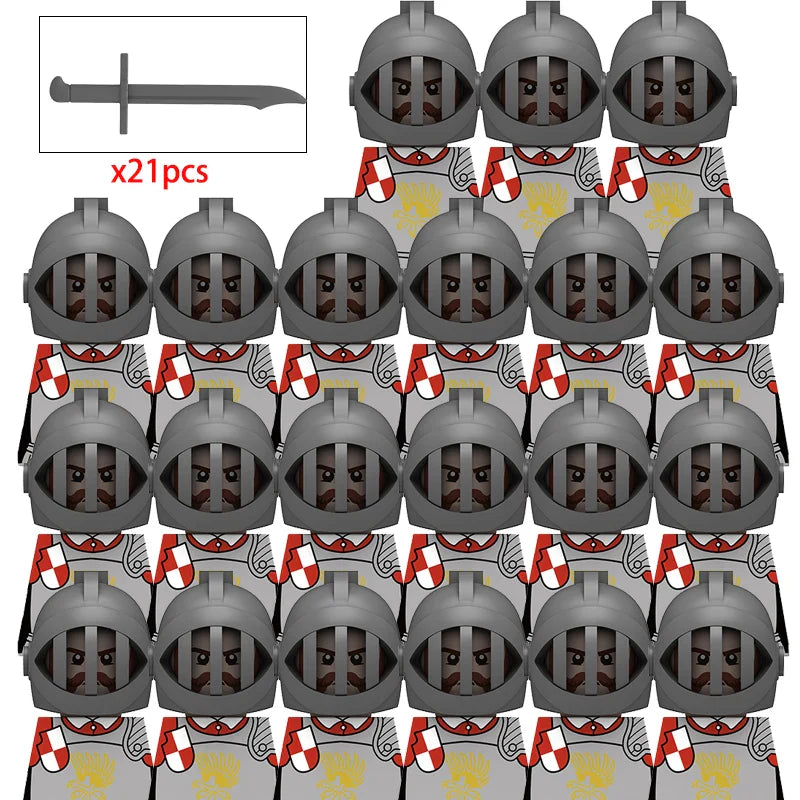 21PCS MOC Medieval Knights & Roman Legion Soldiers Building Blocks Set Warrior Figures with Weapons Helmet Bricks Toy Collection
