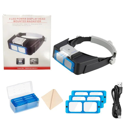 Head-Mounted Magnifying Glasses with USB Charging — 4 LED Lights for HD Reading & Battery Display