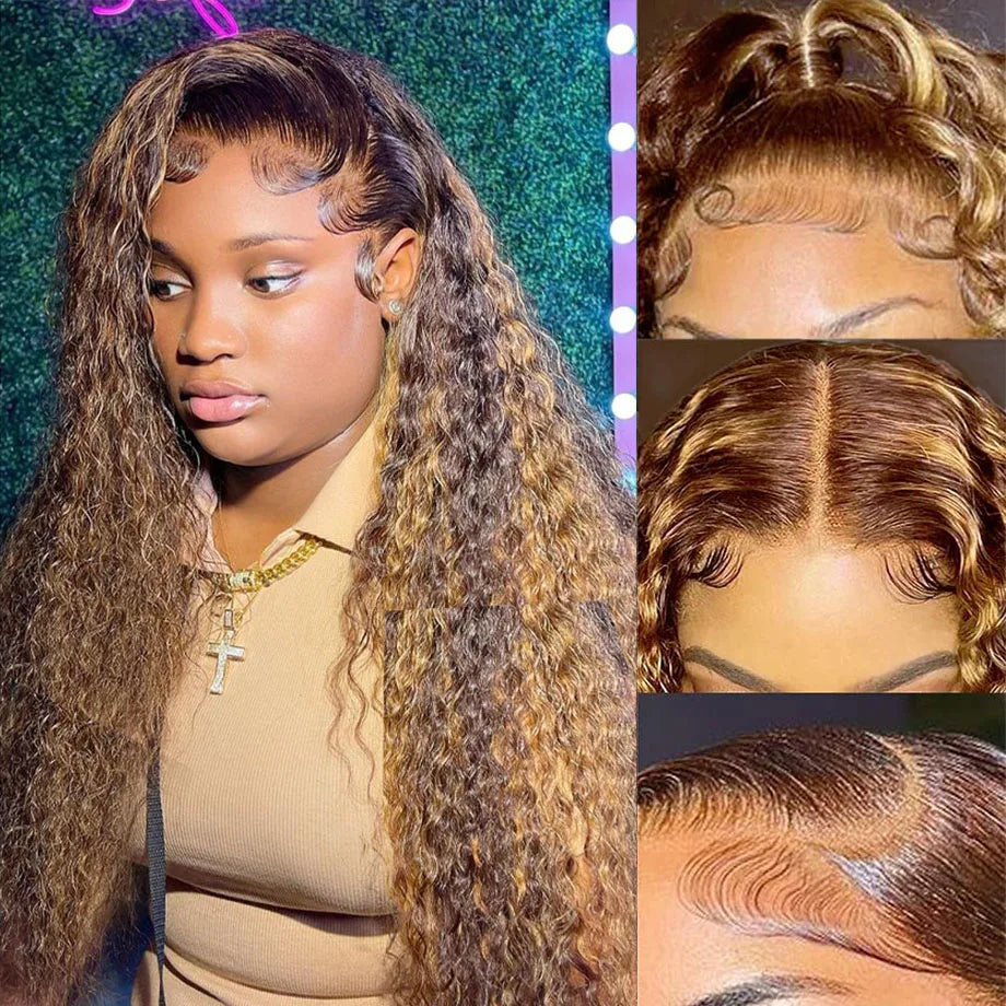 HD Lace Highlight Wig – Ombre Human Hair 13x6 Deep Wave Frontal Wig, Brazilian 13x4 Water Wave Curly Wig for Women