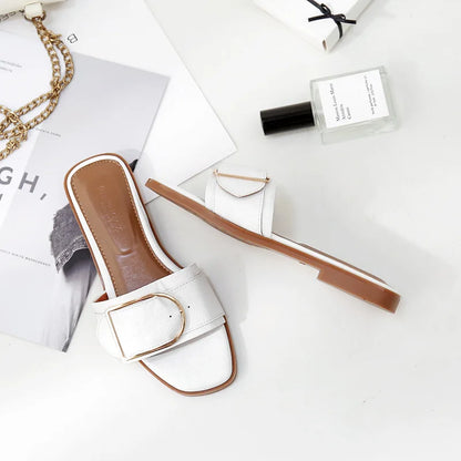 Women’s Flat Slippers — Summer Leather Square Toe Flats, Designer Slides & Luxury Sandals