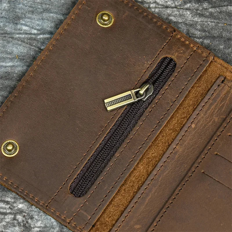 Men's Genuine Leather Short Wallet with Chain – Zipper Clutch, Trifold Purse, Card Holder & Coin Purse for Men