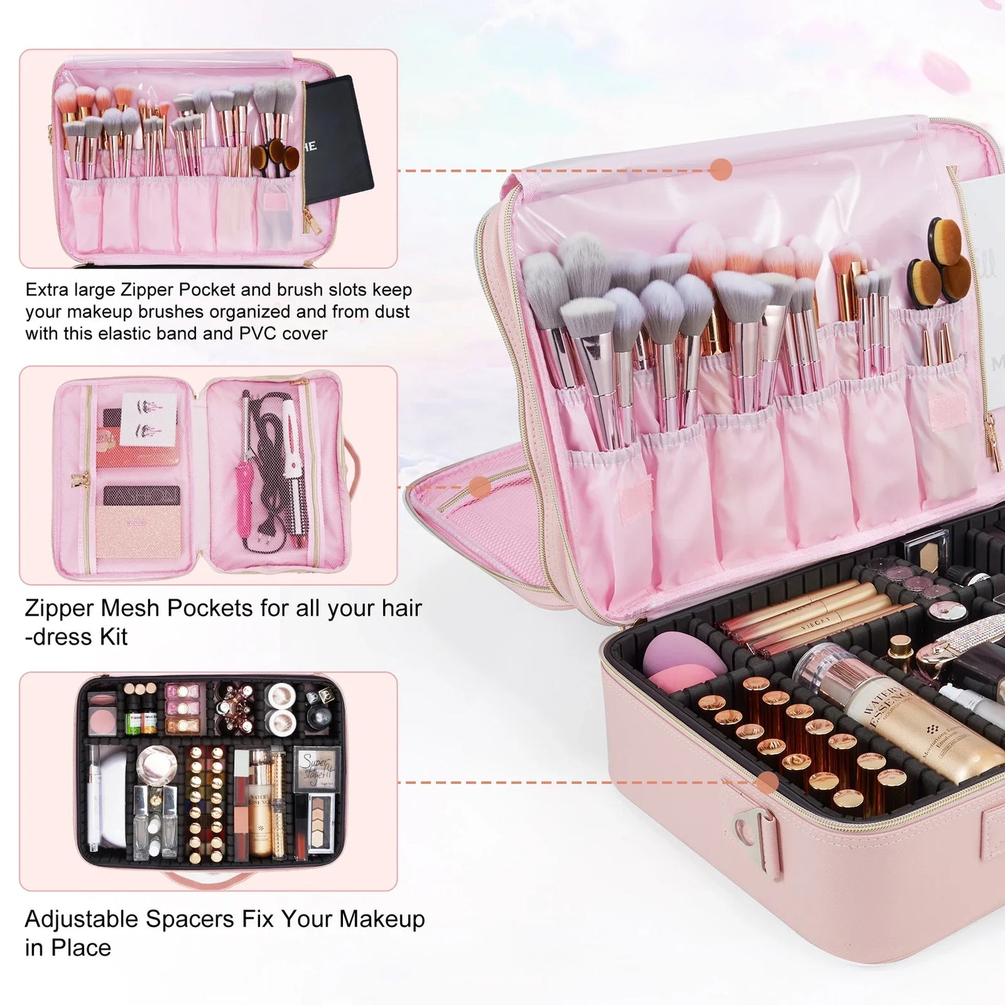 Professional Makeup Bag — Extra-Large Cosmetic Train Case with Brush Organizer, Storage Compartments & Dividers for Artists