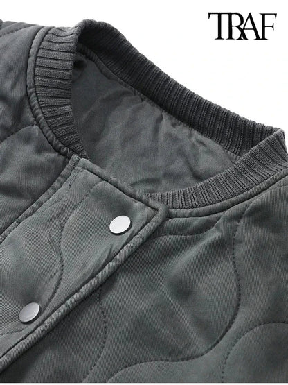 TRAF Women’s Quilted Aviator Jacket – Solid Color Round Collar Long Sleeve Casual Coat