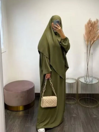 Women’s Eid 2023 2-Piece Khimar & Abaya Set – Long Islamic Prayer Dress Full Cover Hijab Ramadan Kaftan Djellaba