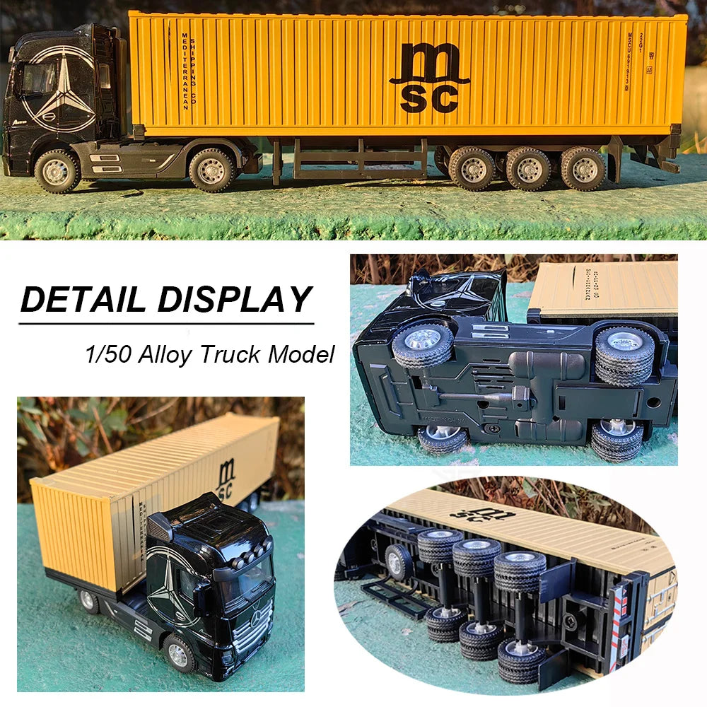 1:50 Large Diecast Alloy Truck Model – Pull-Back Sound & Light Container Transport Vehicle Toy for Boys’ Gifts