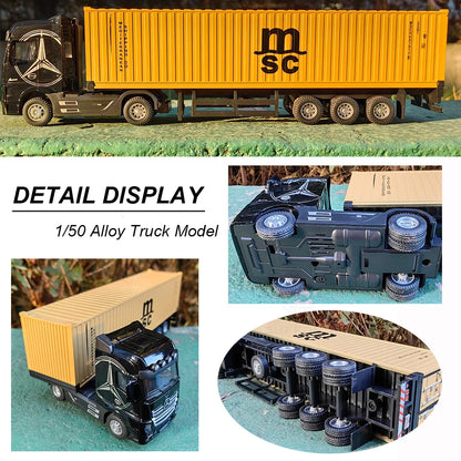 1:50 Large Diecast Alloy Truck Model – Pull-Back Sound & Light Container Transport Vehicle Toy for Boys’ Gifts