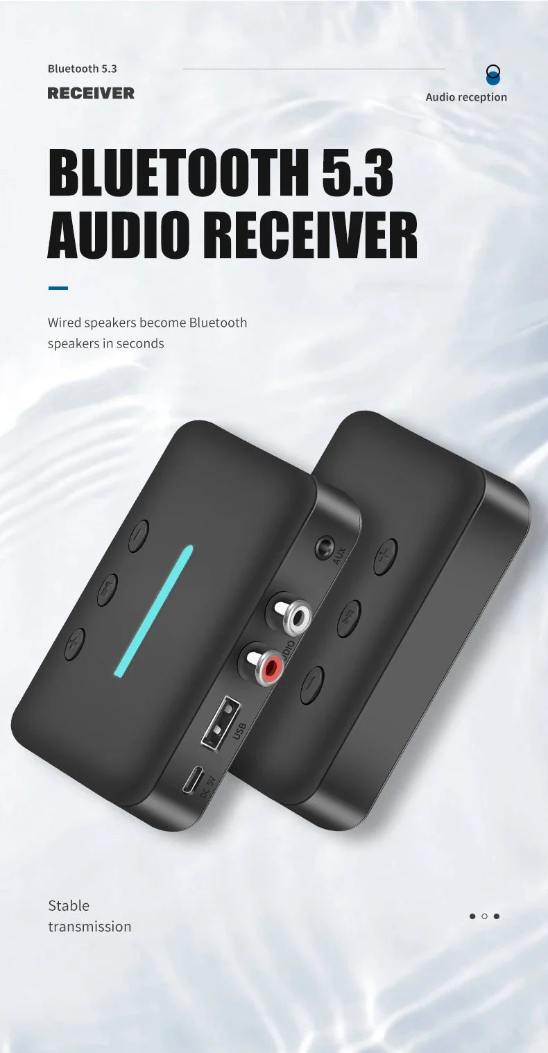 USB Bluetooth 5.3 Audio Receiver Adapter with 3.5mm AUX RCA | Wireless Music Streaming & U-Disk Playback for Desktop Speakers and Amps