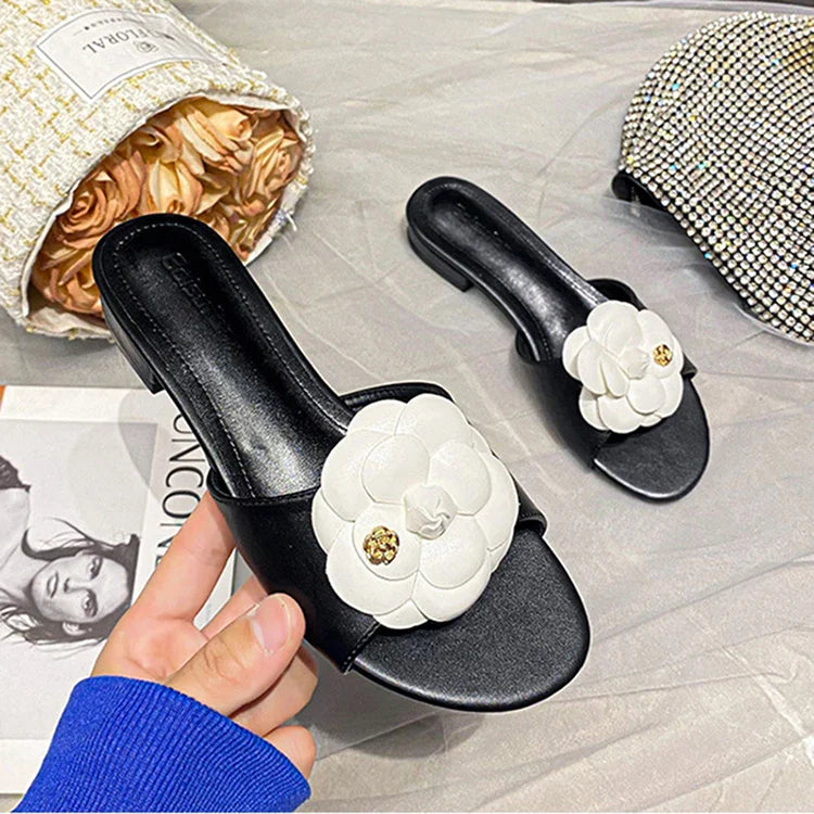 Luxury Women’s Flower Slippers — Camellia Open-Toe Slides for Home & Outdoor, Ladies Flip Flop Sandals