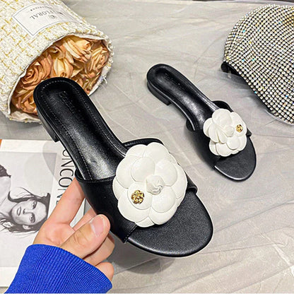 Luxury Women’s Flower Slippers — Camellia Open-Toe Slides for Home & Outdoor, Ladies Flip Flop Sandals
