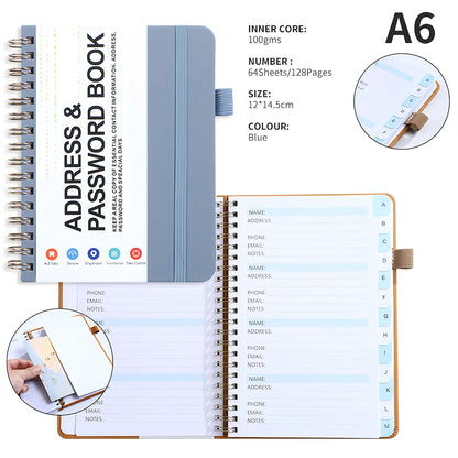 A6 Password Book with PP Coil – English Address & Password Organizer, Thick Horizontal Notebook for Office Use