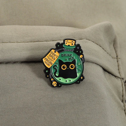 Cute Big-Eyed Black Cat Enamel Pin – Elf Magic Potion Animal Brooch for Halloween Jewelry Gift