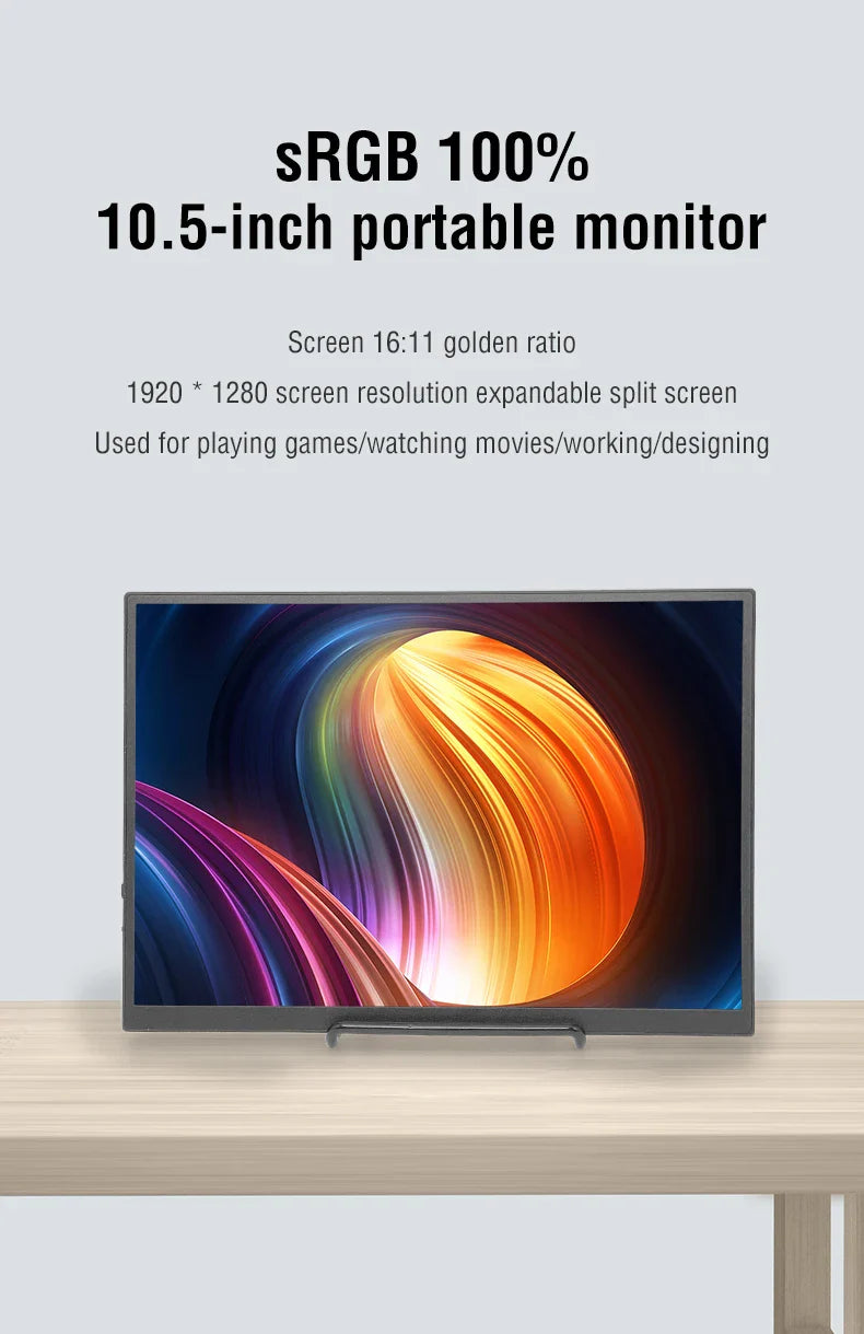 Anmite 10.5" Portable Monitor — 1280P HDR, 16:10 Low Blue Light Display for Xbox, PS4/PS5, Switch, PC & Laptop Extension