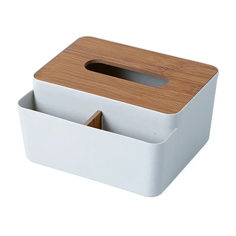 Wooden Tabletop Tissue Box & Storage Organizer – Desktop Holder for Tissue, Remote & Towels