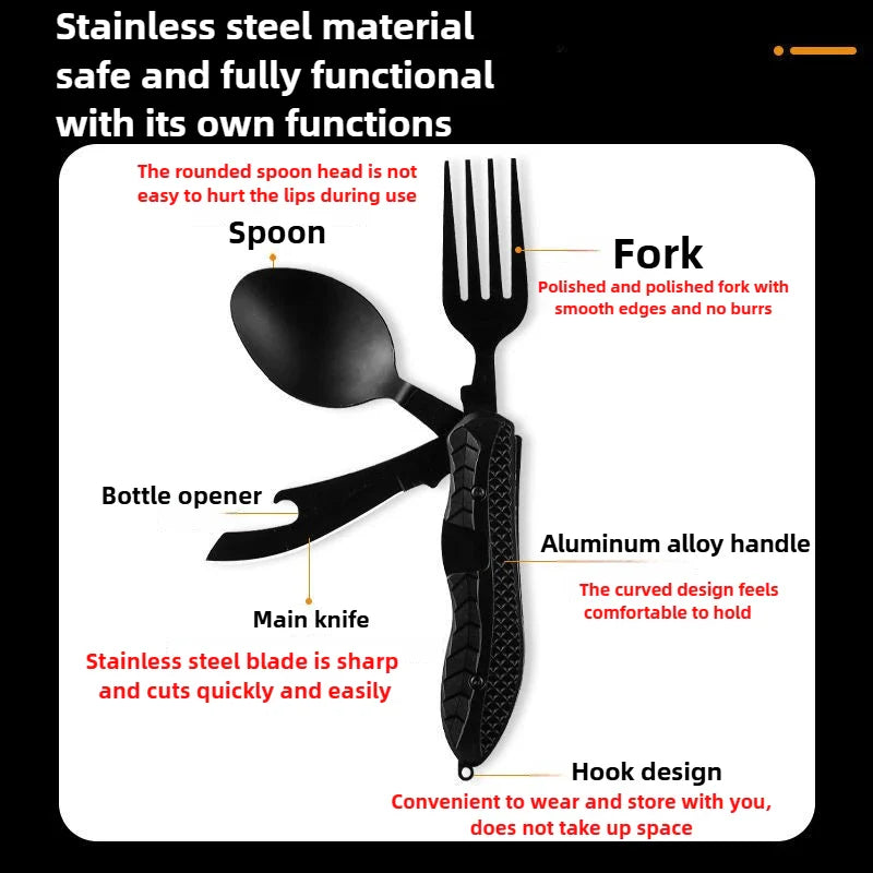 Portable Stainless Steel Camping Cutlery Set – Foldable Spoon, Fork, Knife & Bottle Opener Multitool