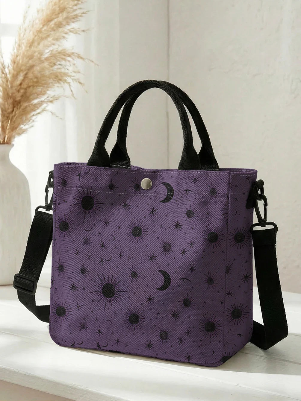 Purple Sun Moon Star Print Tote Bag - Detachable Strap Crossbody Handbag for Women