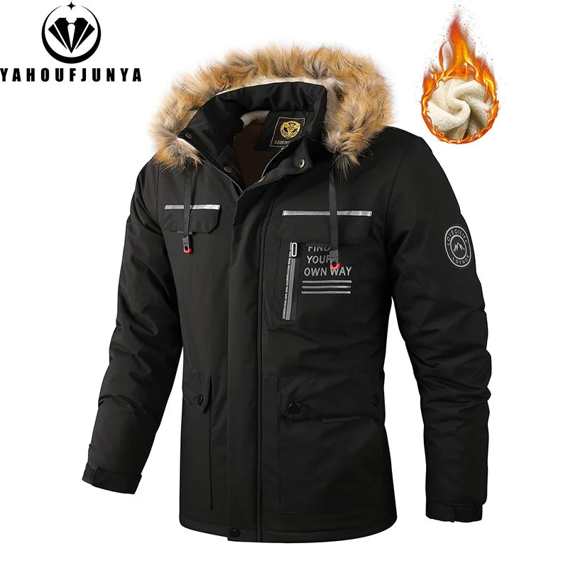 Men's Winter Fleece Jacket - Warm Windproof Outdoor Coat with Removable Hood for Hiking & Casual Wear