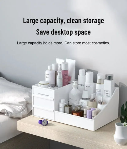 White New Drawer Makeup Storage Box – Plastic Dormitory & Desktop Organizer for Cosmetics & Skin Care – Dressing Table Storage Solution
