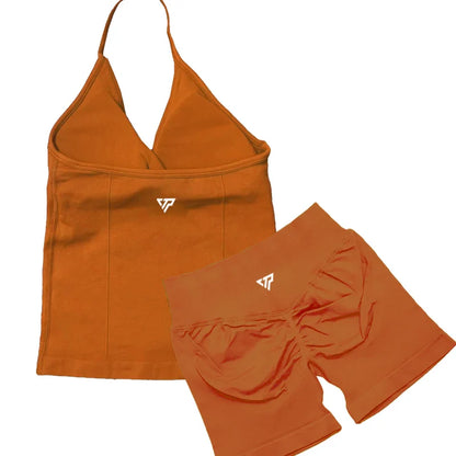 Women’s 2-Piece Yoga Set – Seamless Gym Outfit with Shorts & Lace-Up Sports Bra, High Quality Fitness Activewear Set