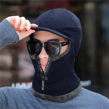 New Men's Winter Wool Hat with Ear Protection - Warm Thick Knitted Cap with Scarf and Windproof Visor for Outdoor Activities