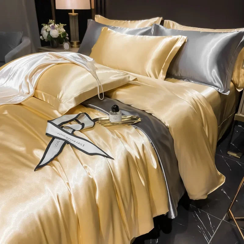 Solid Silk Bedding Set - Luxury Duvet Cover Bed Sheet Pillowcase Set For King Single Double Couple Beds