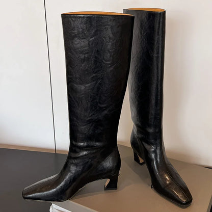 Women’s Genuine Leather Knee-High Boots – 5.5cm Thin Heel, Square Toe Slip-On Autumn Long Boots
