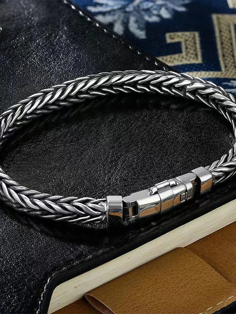 100% S925 Sterling Silver Handmade Woven Bracelet — Retro Domineering Style for Men & Women, Pure Silver Jewelry