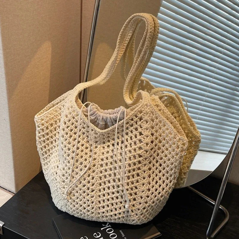 2-in-1 Luxury Summer Beach Tote Bag – Hollow-Out Large Capacity Shoulder Handbag for Women, Casual Underarm Bag