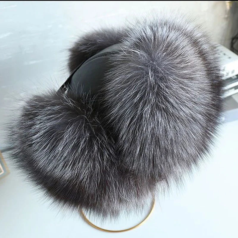 Natural Raccoon & Fox Fur Russian Ushanka Hat – Women’s Black Winter Bomber Cap with Ear Flaps